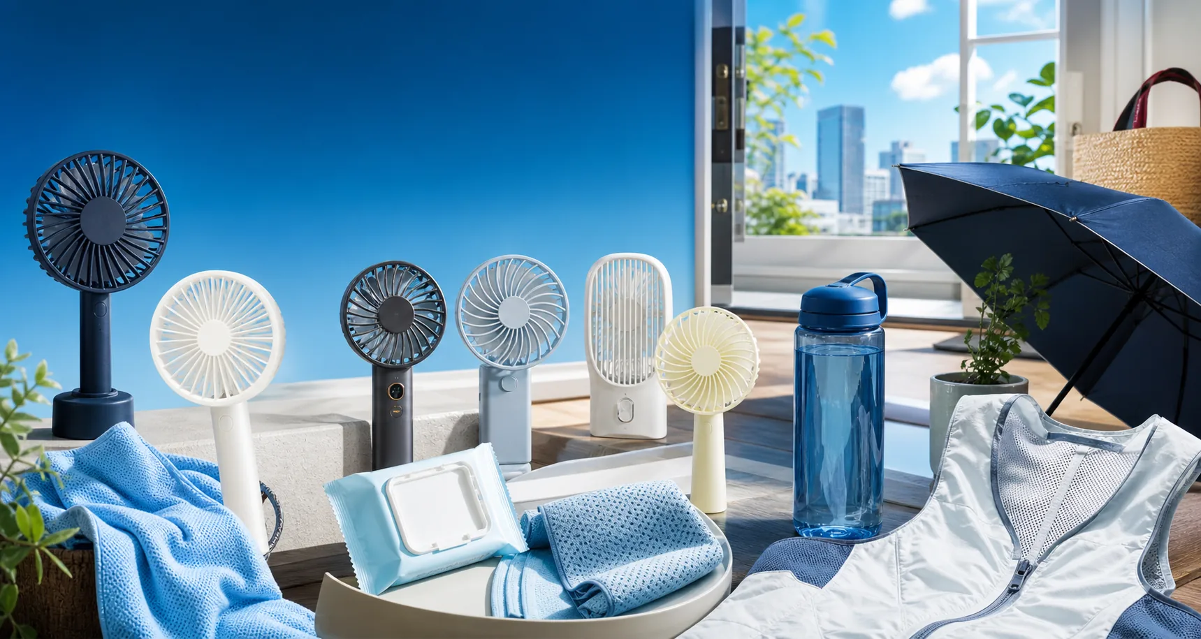 ハンディファン、冷却タオル、日傘を並べた猛暑対策の売り場