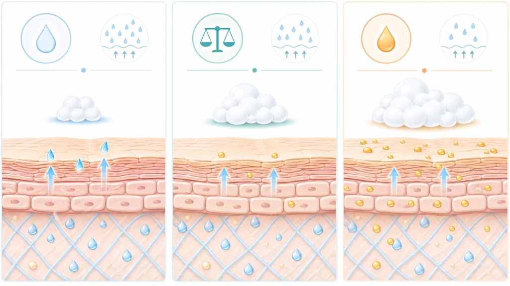 乾燥肌、普通肌、脂性肌で必要な洗浄力と泡量が異なることを示す3列の図