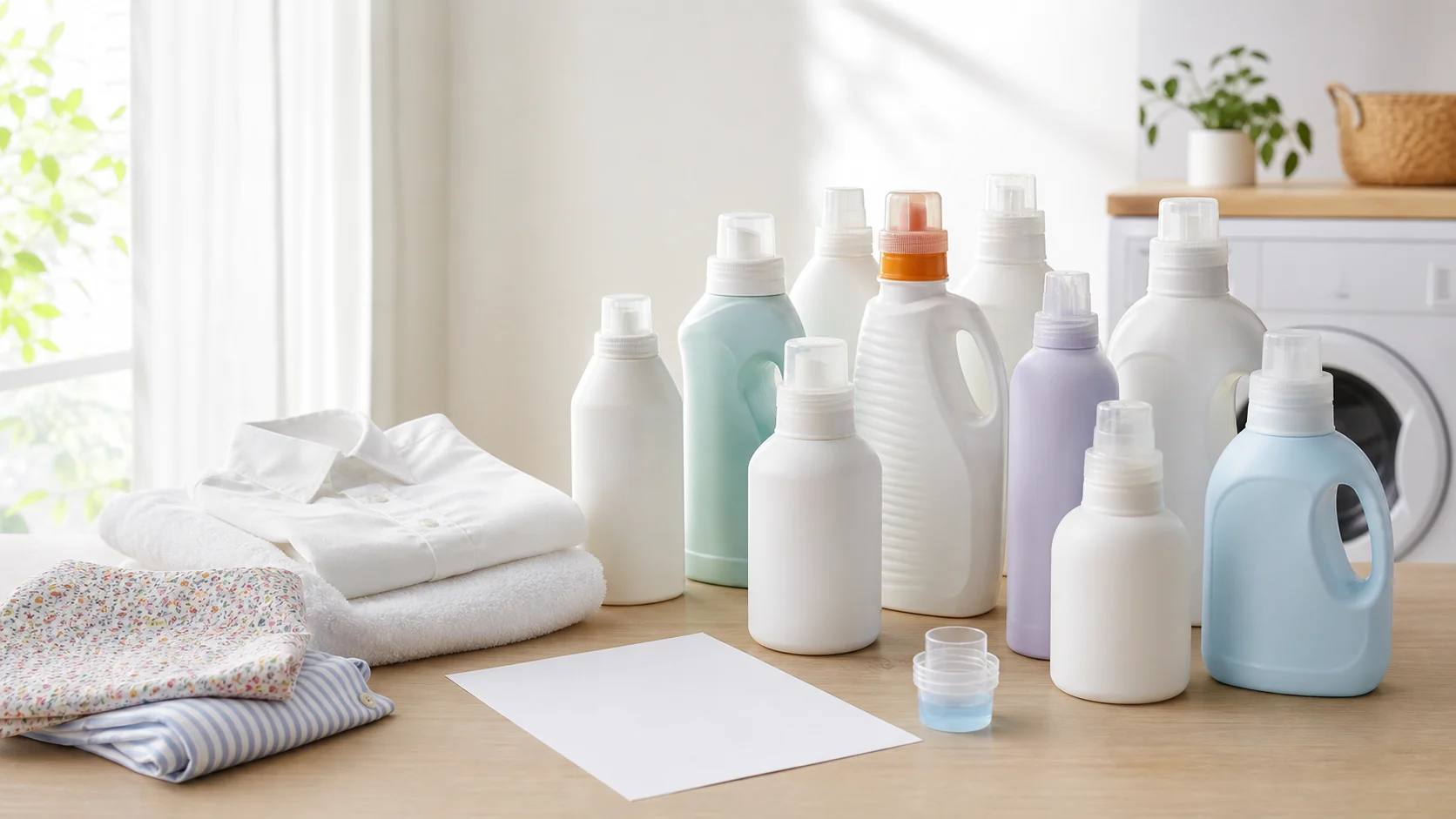洗濯室で洗剤ボトル、計量カップ、白いシャツと色柄衣類を並べて比較するイメージ