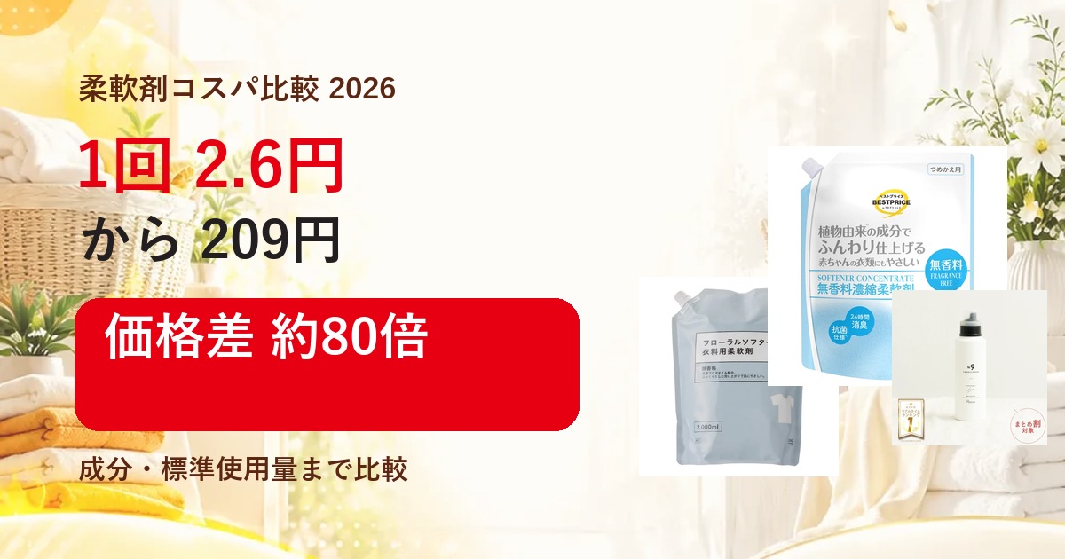 柔軟剤の1回価格を2.6円から209円まで比較した記事のアイキャッチ